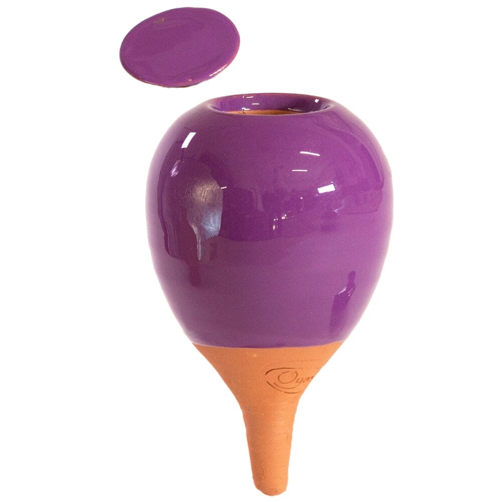 Oyas à planter violet – Système d’arrosage en terre cuite élégant et écologique pour plantes.